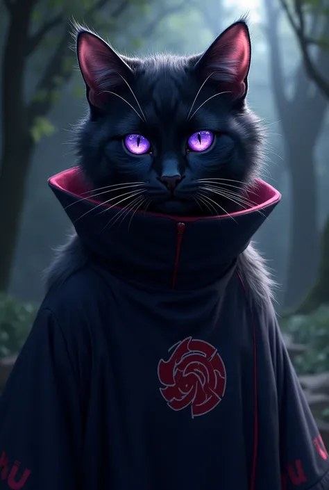 A black cat with lots of fur  , purple eyes with gold and green sparkles dressed as Itachi Uchiha in the Itachi Uchiha robe
