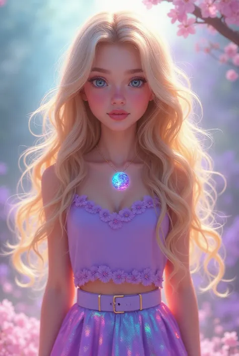 Long blonde haired teenage girl with light blue eyes wearing a cute purple top with a pastel sparkly purple, pink, and blue skirt wearing a rainbow gem necklace