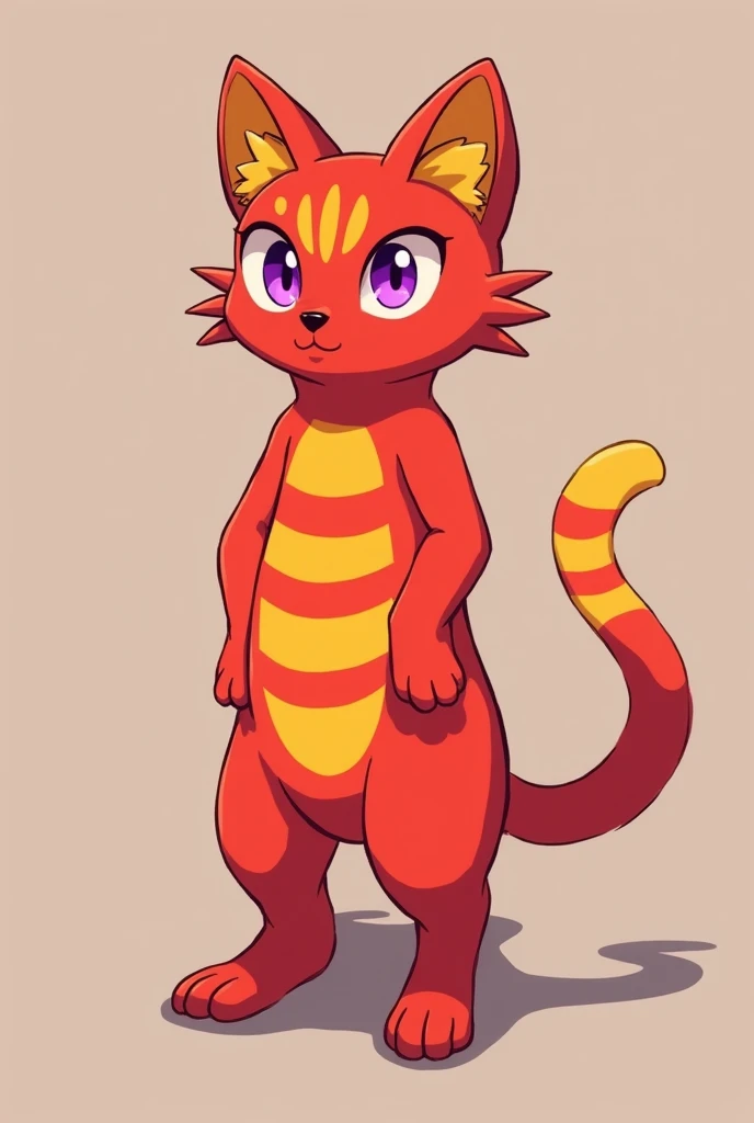 Red anthropomorphic cat, standing like a human, purple eyes, black nose, yellow stripes in the face, yellow stripes on the body, yellow stripes on the tail, reference sheet, picture from the back, picture from the front, yellow stripes on the stomach