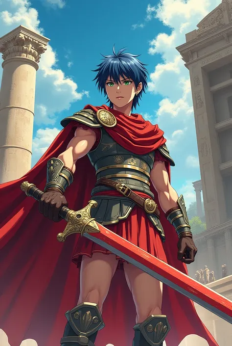 In the anime style of dr..stone,  A Roman centurion , 22 years old, neck-length blue hair,  green eyes , with a big red sword