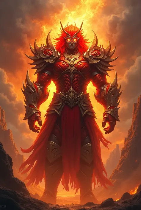 A protective looking god withnfiery red hair, fiery orange eyes. And fiery red metal armor.