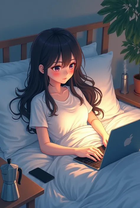 I want an anime image of a woman in bed sitting with her laptop her cell phone on her side and a coffee pot the image must be seen in something chopped