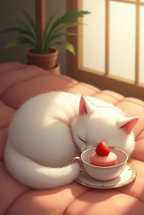  top quality、 high resolution、( high image quality:1.2)、 Masterpiece、 detailed background on a futon、Realistic、 RAW photos 、The fluffy white cat 、 sleeping curled up next to a small teacup 、Inside the cup 、 one slightly pink strawberry macaron 、 the cat's ...