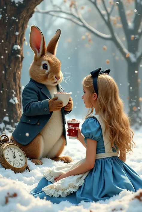 Alice in wonderland cover with Alice siting in the snow wth Tim Hortons hot chocolate in her hand in the background there is snow and a brown rabbit in a suit with tea in his hand with a giant pocket watch in the background 