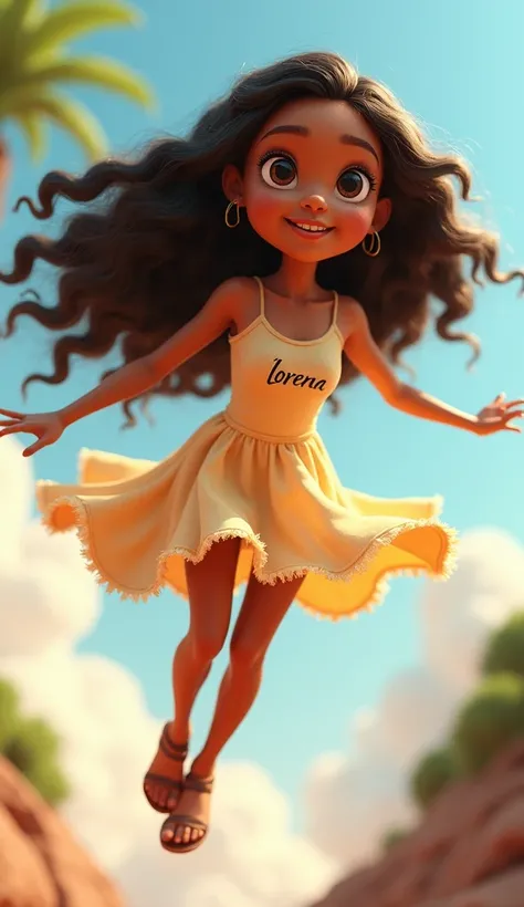  Full Body , fly away, brown skinned, long curled hair,  3D cartoon, De Vestidinho spelled Lorena e Sandalia, Called Lorena .