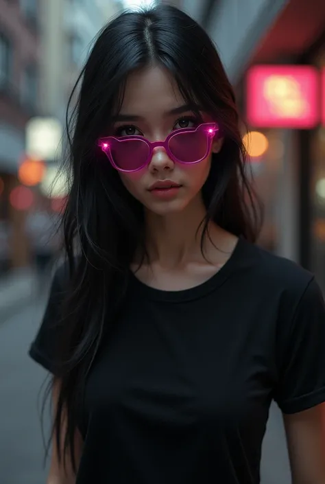 Long black hair dark pink glasses black shirt