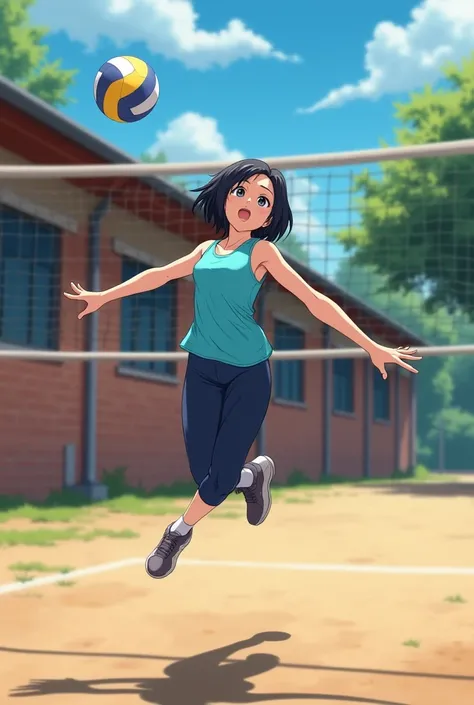 A photo of a girl with short black hair playing volleyball with a cyan tank top , dark blue leggings on a schoolyard with brick walls in a one level only building with a window in the background