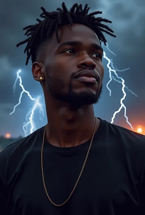 Create an album art for a song titled "Thunder Fire You". The art should consist of a male character with the name "Jermaine Qweli" wearing a black shirt, background scenery should consist of cloudy thunders 