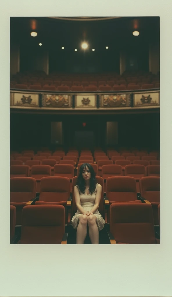 Faire photo Polaroïds. Femme brune assise au milieu d’une salle de cinéma vide