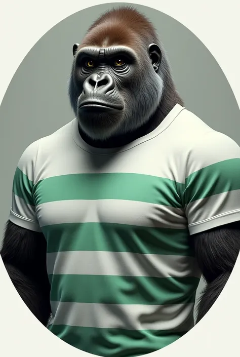 I want a realistic gorilla that is very realistic inside a circle and for the monkey to have a white and green striped t-shirt without a logo