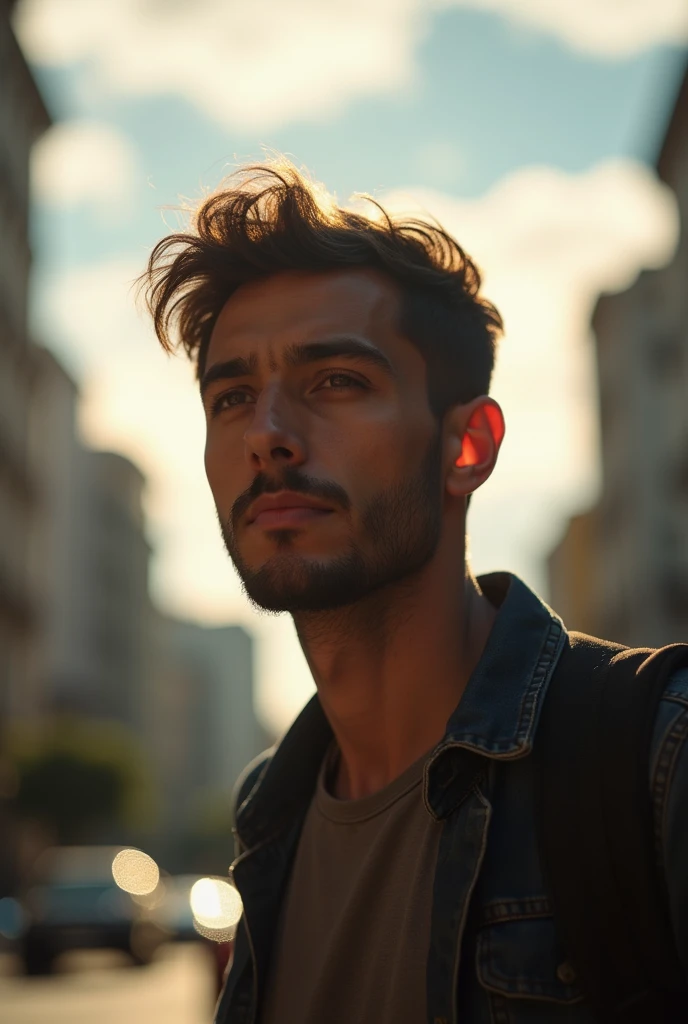 A highly realistic close-up shot of a 25-year-old creative man with a thoughtful expression, walking through downtown Rio de Janeiro in the morning. The sunlight filters through scattered clouds, casting a soft, natural glow on his face. Captured using a C...