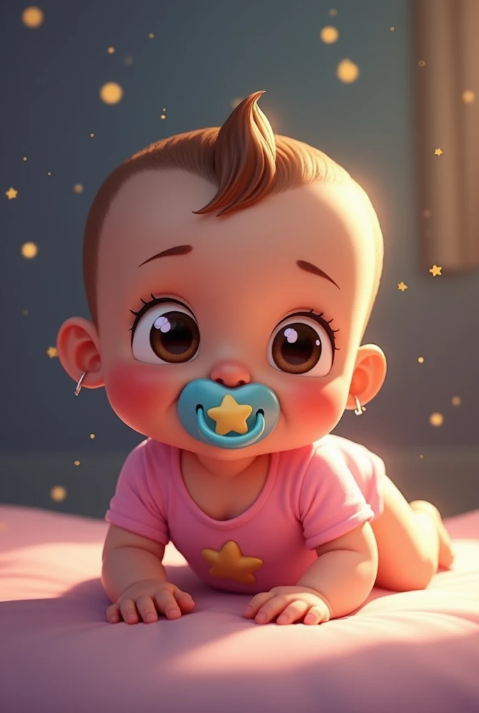 Make me a picture of a baby in cartoon form, not real, lying on her stomach in a pink bodysuit, the light behind her is dimmed, the girl has a pacifier in her mouth and yellow stars are visible on the back and