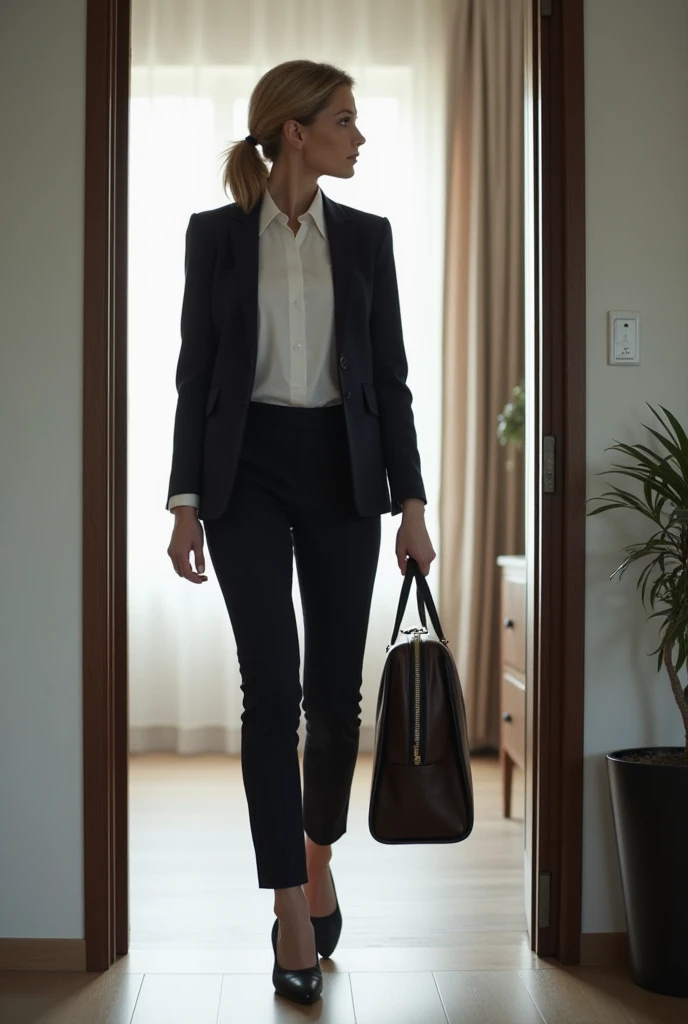 a woman leaving to go to work