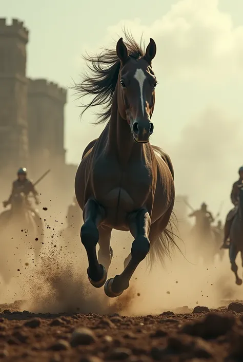 A charging horse on a battlefield. For youtube thumbnail 