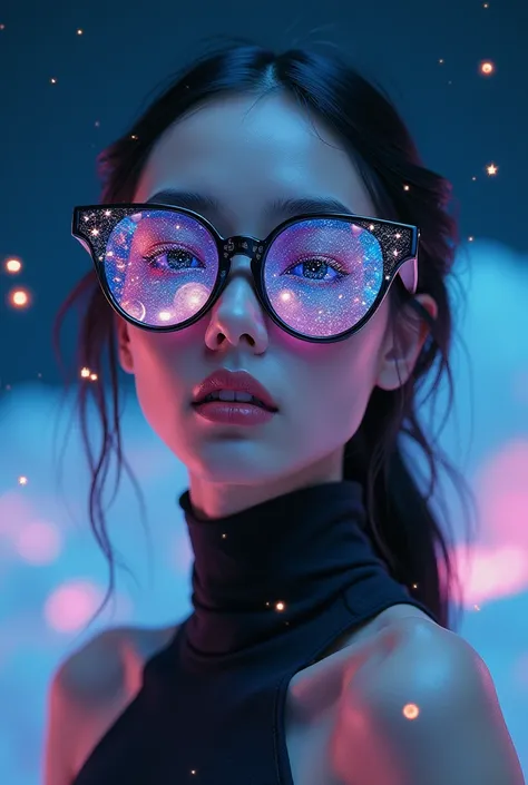  The model wears glass sunglasses with stars and the moon in the glass