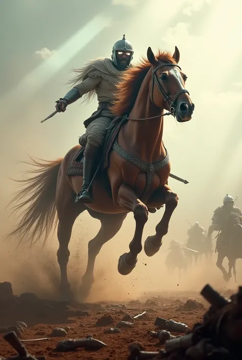 A charging horse on a battlefield