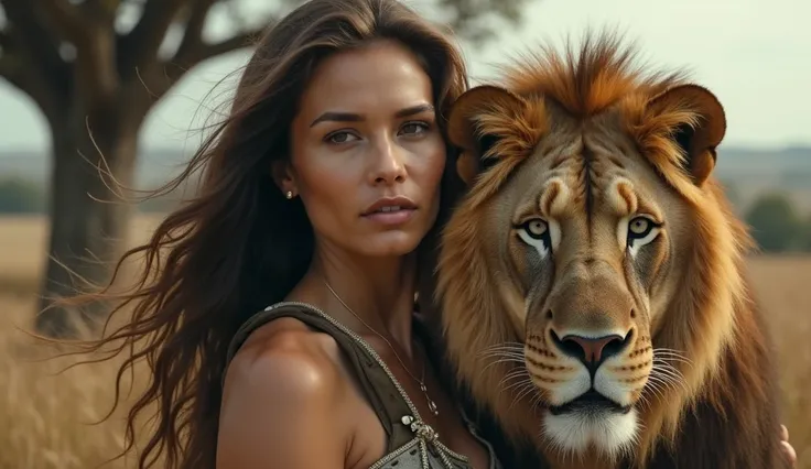  ULTRA-REALISTIC IMAGE of a powerful woman , of soft expression, holding a lion without aggression . an eagle on top of them a scenery of countryside and old trees.  She symbolizes courage and compassion next to the wild beast,  convey depth .