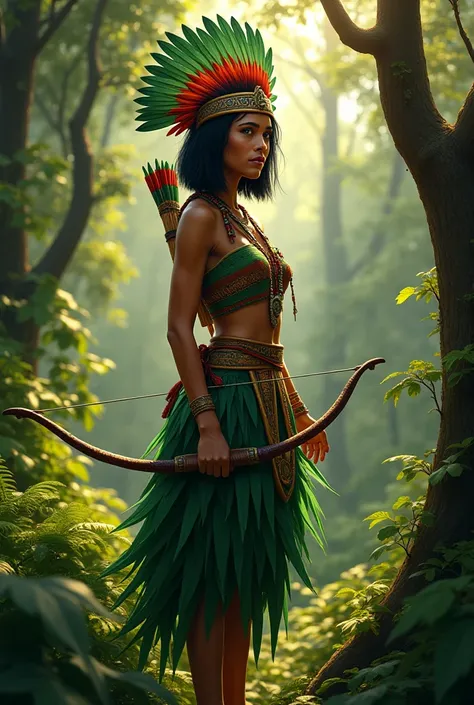  India with short black hair with a green and red headdress and a green feather skirt with a bow and arrow in her hand in the forest 