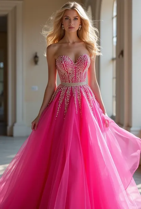 Make a bright pink dress that has pearls that is very beautiful and that a very beautiful blonde woman wears. I want the dress to be pink and to have a lot of very bright pearls