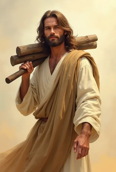 An abstract painting of Jesus, gentle and compassionate, wearing a wooden, well-worn yoke across His shoulders like a bull, a symbol of humility and service. His robe flows loosely, and His face bears a serene, peaceful expression, filled with understandin...