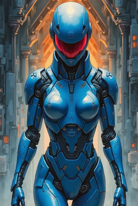 A detailed watercolor painting of a slender female cyborg with shimmering blue armor and a red visor. Fierce and combat-ready. Style of Enki Bilal. Style of Philippe Druillet. Style of Moebius. Style of Métal Hurlant. Ornate dark sci-fi background.