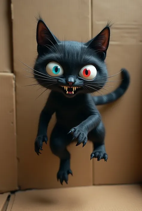  Create a black cat , with bulging eyes,  along with a cunning and sadistic expression .  Do the one with eyes mixed with two colors,  blue and red.  Make the lens of your thin horizontal eye . sharp teeth and claws.  pointy ears .  A long syrup with strip...