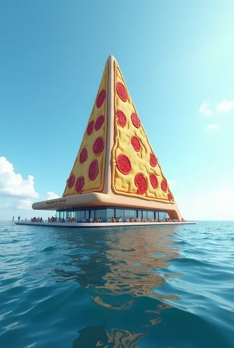 Pizza shape tall restaurant made in the center of sea sunlight view looks like pizza house