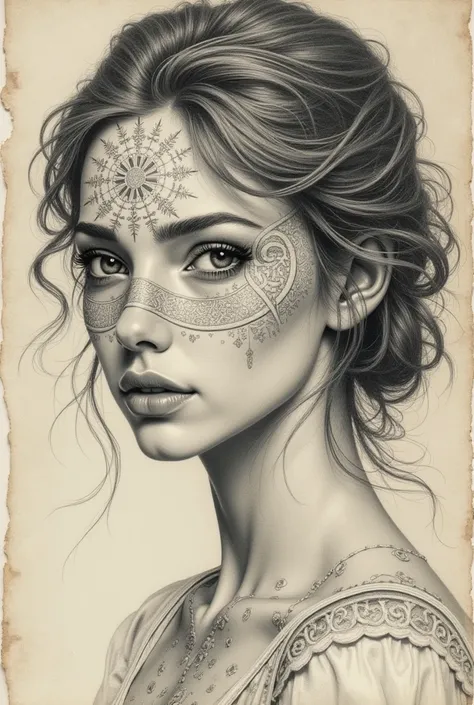 Pencil style portrait of a young woman with magic runes written all over her face. Parchment background.