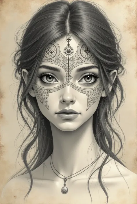 Pencil style portrait of a young woman with magic runes written all over her face. Parchment background.