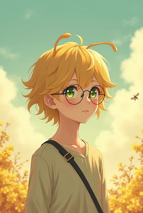 Anime Bee boy wearing glasses blonde hair heterochromia 