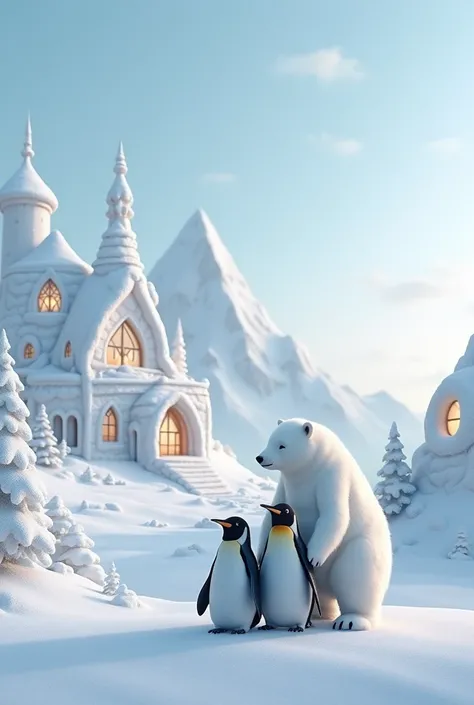 Then the polar bear and the penguin stand on a mountain and there is a beautiful snow house at the end of the mountain and 