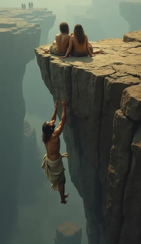 Jesus hanging from a cliff holding on the rock, looking at several people sitting on the rock on top of the cliff