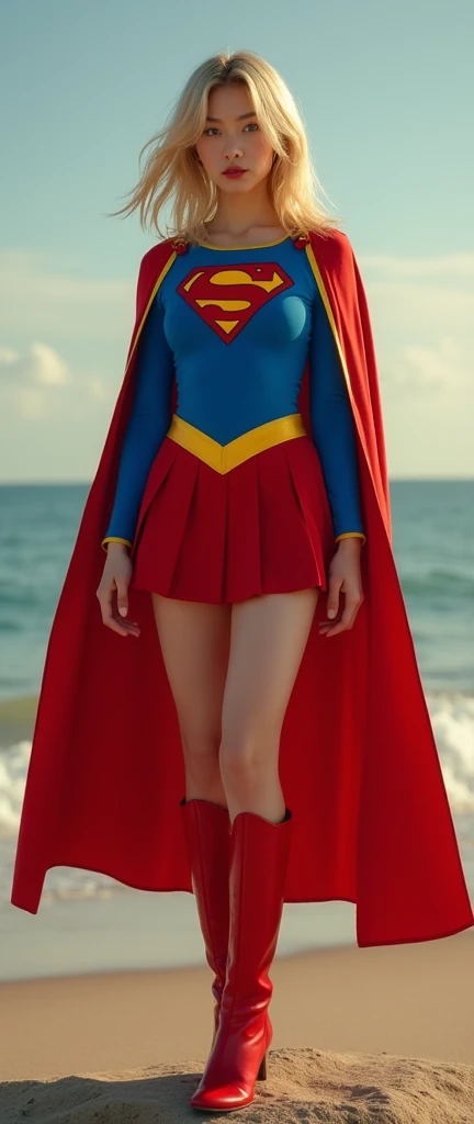 live-action、Full body image of a sexy Japanese woman in her 20s ( big size:9.8)   dreamy blue eyes and medium messy golden blonde hair =TOP SUPERGIRL COSTUME,  blue leotard 、 short red pleated skirt with yellow supergirl belt ,  red high-heeled supergirl b...