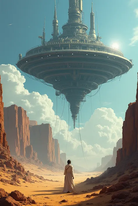  Apocalyptic desert scenario below ,  above a utopian city with technology, Shades of yellow in the desert ,  blue and neon in the city above , suspended city
