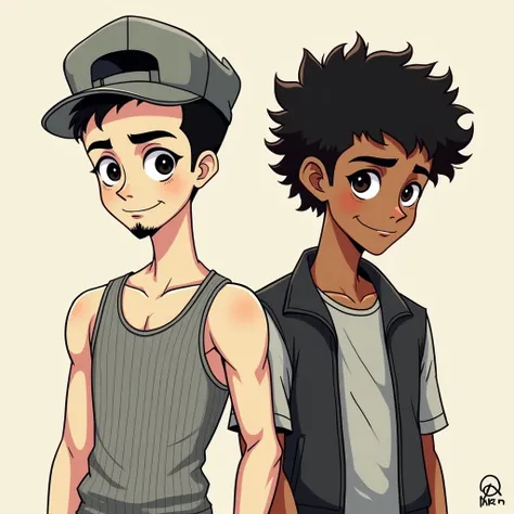  Draw a cartoon-style image similar to the drawing "Danny phantom".  The image must include two boys from the waist up,  looking forward .  The first boy has white skin ,  black hair in the American cut style and goatee . He wears a ribbed tank top . The s...