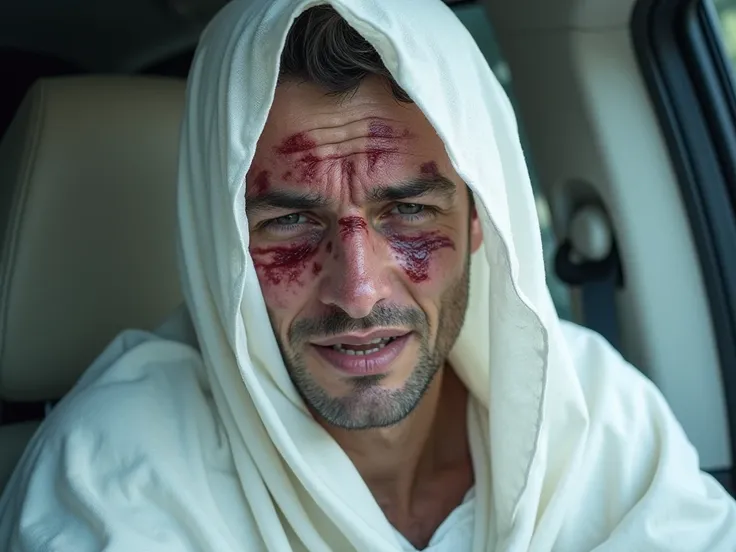 A picture of a person who died in a very painful car accident. This picture shows him wrapped in a white shroud, and only his face, which is full of scratches and bruises from the accident, is visible.