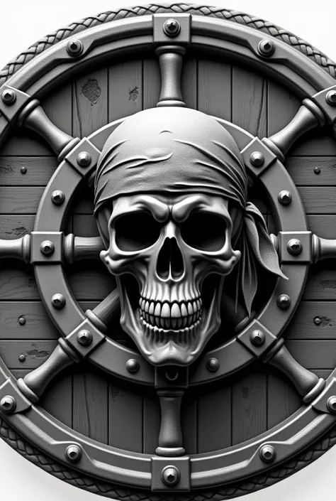 prompt: "A high-resolution, grayscale depth map of a circular coin featuring a pirate-themed bas-relief design. At the center of the coin is a meticulously detailed pirate ship's wheel, symmetrically structured with visible wooden grain texture and reinfor...