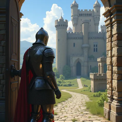 Knight opening the door of a castle 