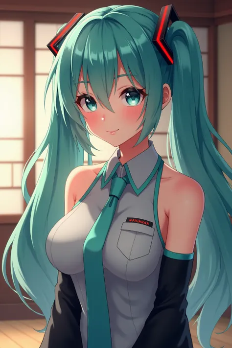  Hatsune Miku ,  Very Big Boobs, , Smile, The background is the interior of the house,  Japanese Anime