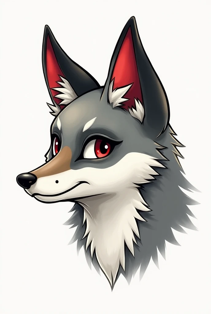  stylized ,  a detailed drawing of a fox's head with tall , With pointy ears,  ( red inner part and black outer part ),  mostly gray fur with white and black accents,  with red eye accents ,  large expressive eyes ,  looking towards , with protruding musta...