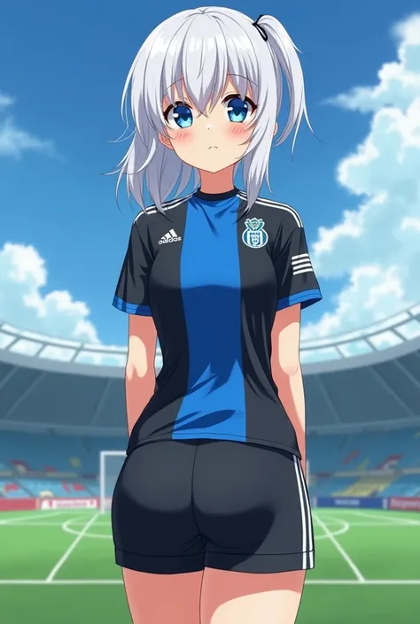 Anime young girl, blue eyes with White hair and she is dressing black adidas shorts and Porto team shirt (football) and is not thin and not fat, she have big booty and really big booby, she is in a football yard