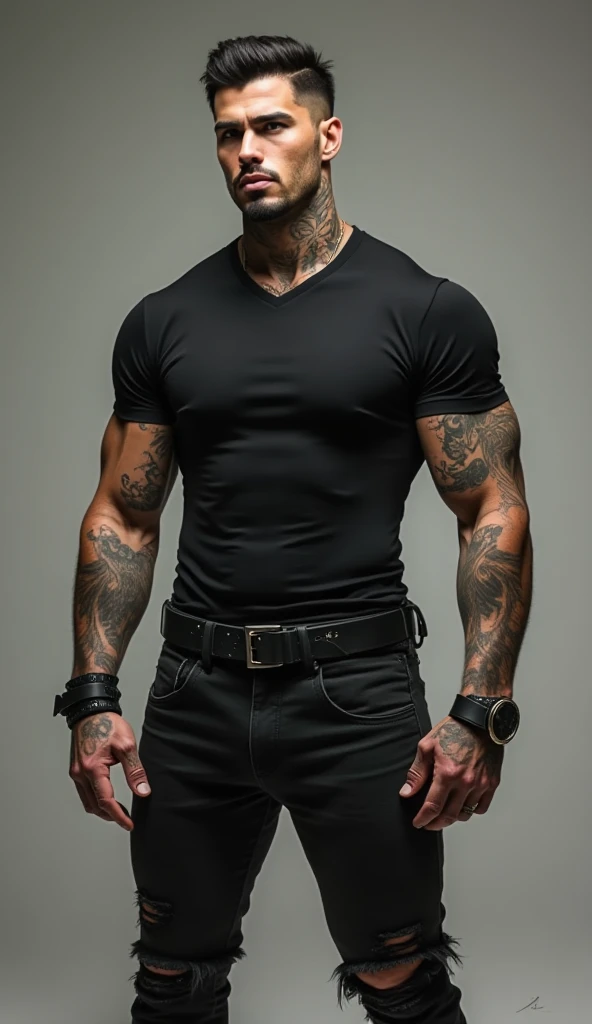 Male, Straight, 23, 5'11, 186 lbs, muscular, toned, short black hair, dark brown eyes, tattoos, piercings, goatee, black shirt, black rippe, black boots,