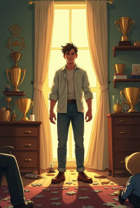 Here’s a detailed prompt to capture the emotions of self-assurance, frustration, and the realization of personal limitations:  

*"A confident figure stands in the center of a room filled with trophies, achievements, and accolades, symbolizing their succes...