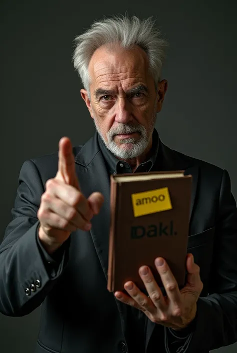 arafed man pointing at a book with a yellow sticker on it, a still life by George Manson, trending on unsplash, happening, style of seb mckinnon, book title visible, menacing appearance, striking composition, badass composition, holding a giant book, he is...