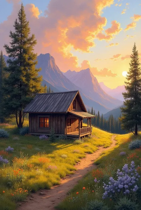 "A secluded cabin nestled in the middle of nature, surrounded by lush vegetation and wildflowers, with stunning views of the mountains in the background. The painting is in an impressionist style, inspired by Monet, with loose, vibrant brushstrokes that ca...