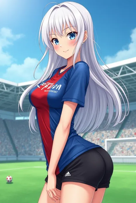 Anime young(20years old) blue eyes girl , white long hairdressing black adidas shorts and Porto team shirt (football) she have really giant booby and booty, football yard