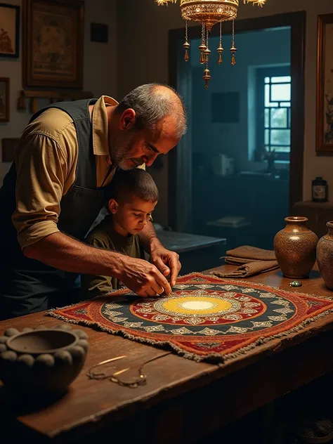 Best quality, high resolution, : 1. 2, highly detailed, realistic : 1. 37 realistic works of art, mysterious atmosphere, bright lighting, rich materials, bright colors, intricate details, intense shadows, old picture, a man with his young son working in th...