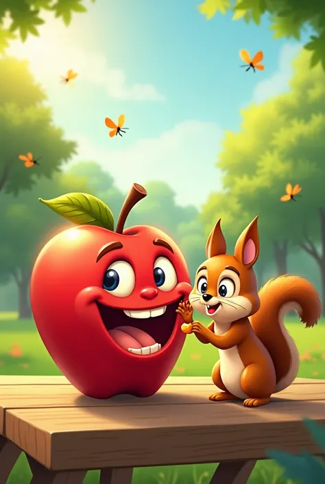 A bright red cartoon apple with a big, happy face sitting on a picnic table. A  takes a playful bite while a squirrel watches with excitement. The background is a sunny park with butterflies.