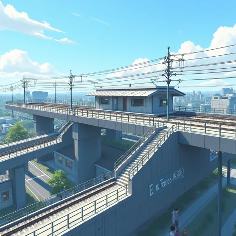 A train station on an overpass
The station building is compact
Stairs to ground
Passengers getting on and off
The height of the overpass is the height of the roof of a private house
Japan
blue sky

Precise photos

Looking from the top of the overpass