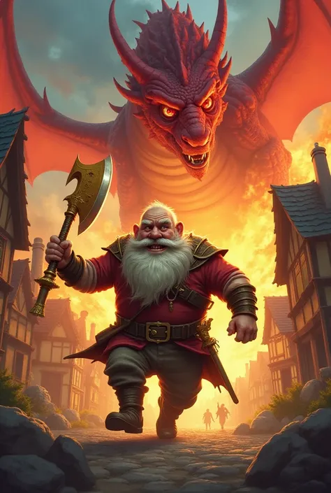 [a giant dwarf ], holding a golden axe , With a desperate look, Running from a red dragon, Red dragon breathing fire. [funny image], Leaving a burning village